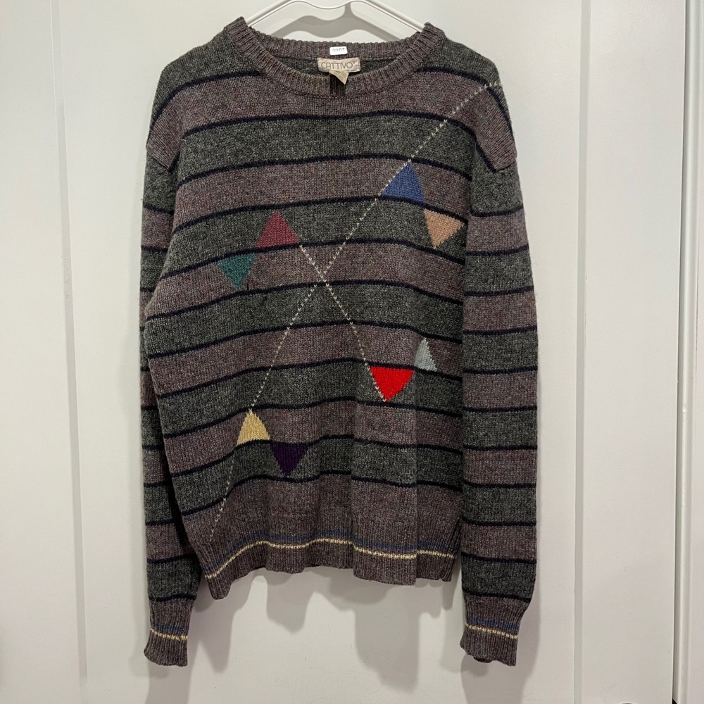 Cattivo Vintage Mens XL Shetland Wool Striped Geometric Crewneck Sweater Gray